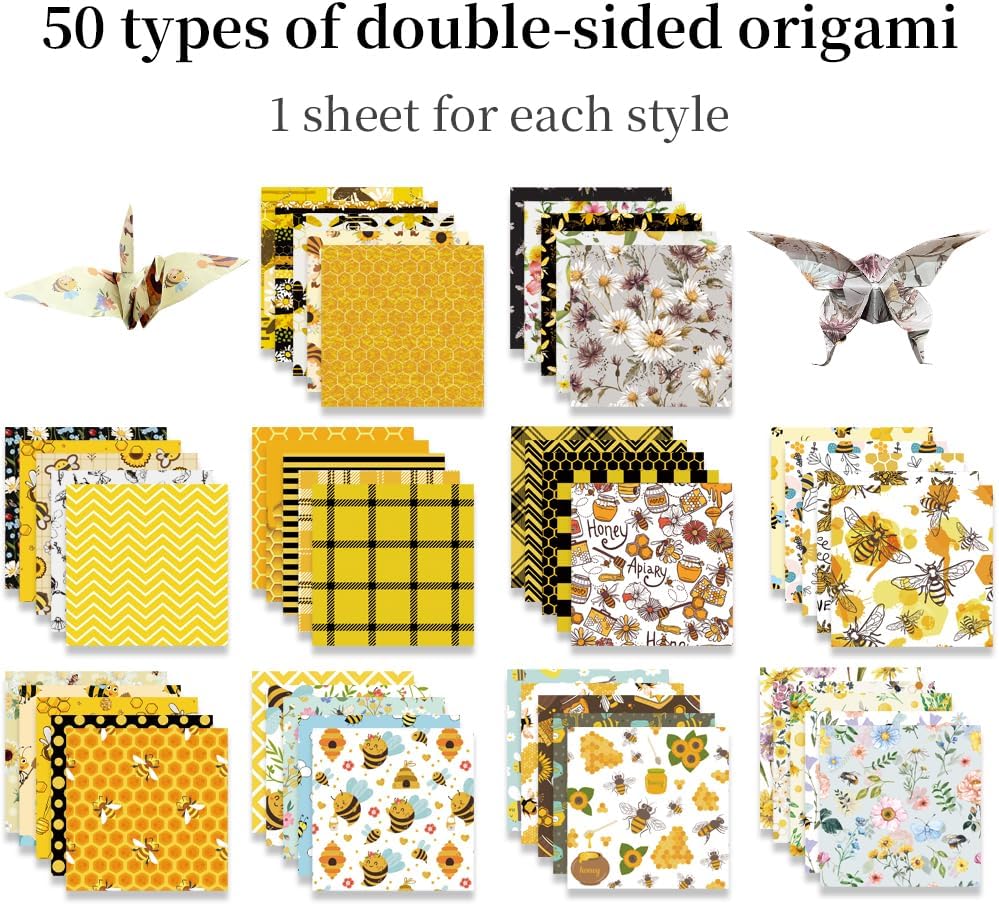 Square Origami Paper 6x6 Double Sided 50 Sheets 50 Colors 70GSM Origami Kit Japanese Chiyo Easy Fold Arts Crafts DIY Handwork Beginner Bee - Crafty Corner