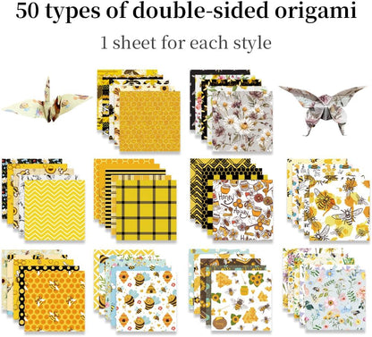 Square Origami Paper 6x6 Double Sided 50 Sheets 50 Colors 70GSM Origami Kit Japanese Chiyo Easy Fold Arts Crafts DIY Handwork Beginner Bee - Crafty Corner