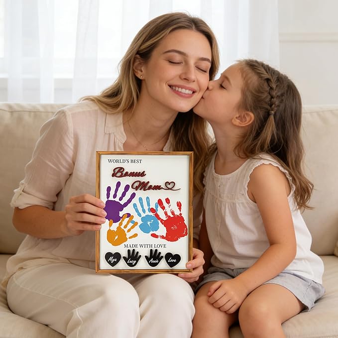 Bonus Mom Gifts DIY Handprint Kit Personalized Keepsake Frame, Gifts for Stepmom Step Mother Christmas Birthday Mother Gift, Bonus Mom Gift from Daughter Son Family Craft