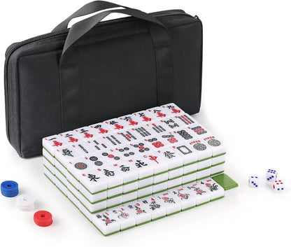Chinese Mahjong Tile Set,144 Tiles White Green Melamine Tiles with Carrying Travel Case,Portable Mahjong Game Set