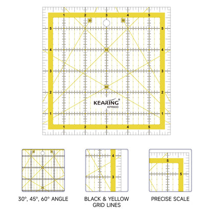 KERING Patchwork Quilting Ruler - 6x6 inch Non-Slip Acrylic Square Ruler for Foundation Paper Piecing, Bias Strips & Rotary Cutting, Durable Quilter's Tool with Anti-Slip Backing