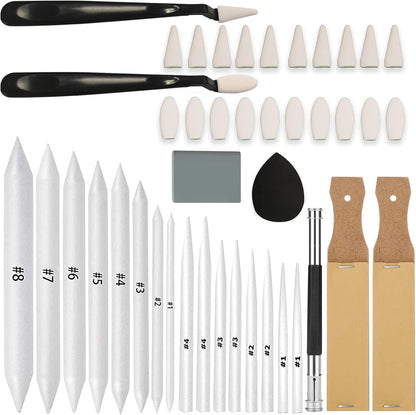 43 PCS Blending Stumps and Tortillions Paper Art Blenders Sketch Drawing Tools with Sketch Wipe Scrapers,Rub Sponge,Kneaded Eraser and Sandpaper Sharpeners