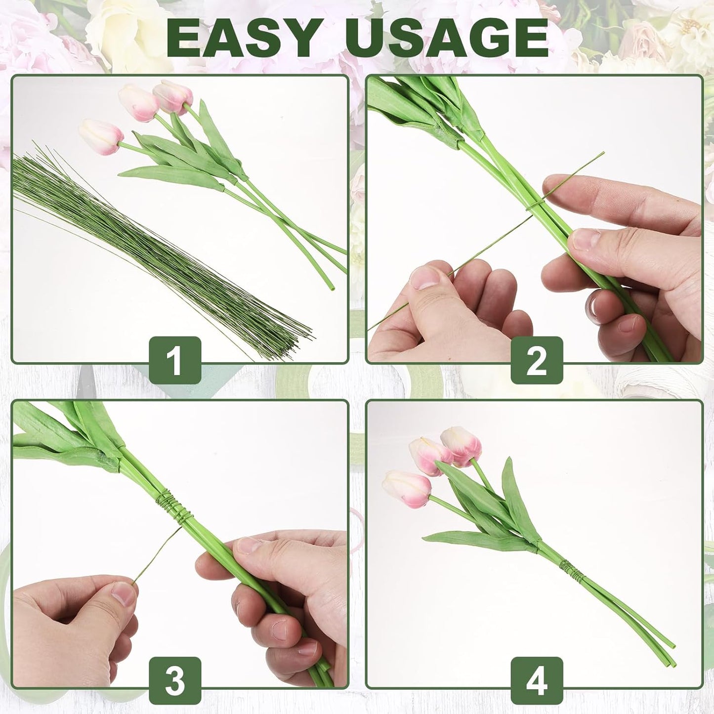 PATIKIL 32 Inch 22 Gauge Floral Stem Wire, 4 Pack/160 Pieces Bouquet Stem Paper Wrapped for DIY Crafts Flower Arrangements, Green