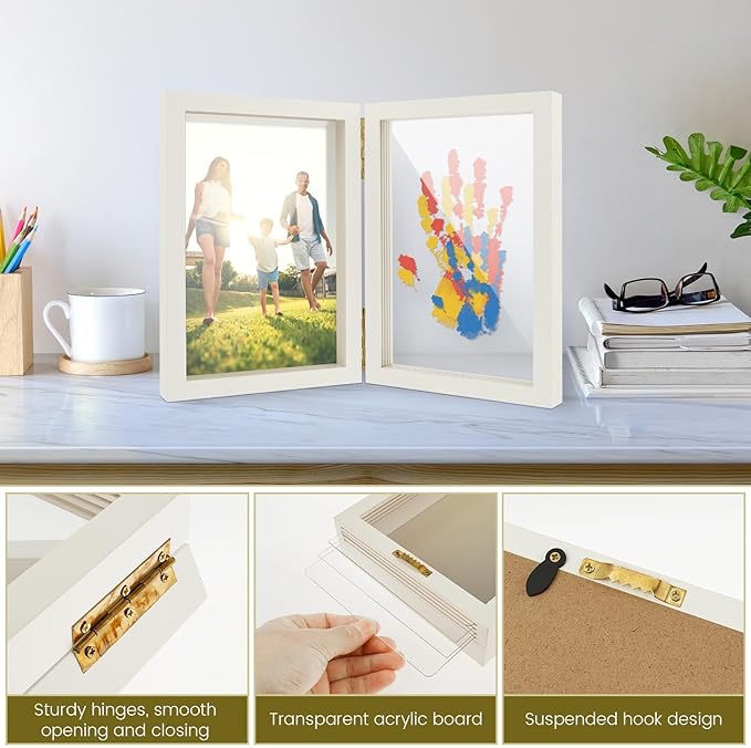 Family Handprint Kit, Family Handprint Photo Frame, Baby Hand and Footprint Handmade Keepsake Wooden Frame with 4 Non-Toxic Baby-Safe Paint, Hand print Art Craft DIY Kit for Home Mother's Day and more