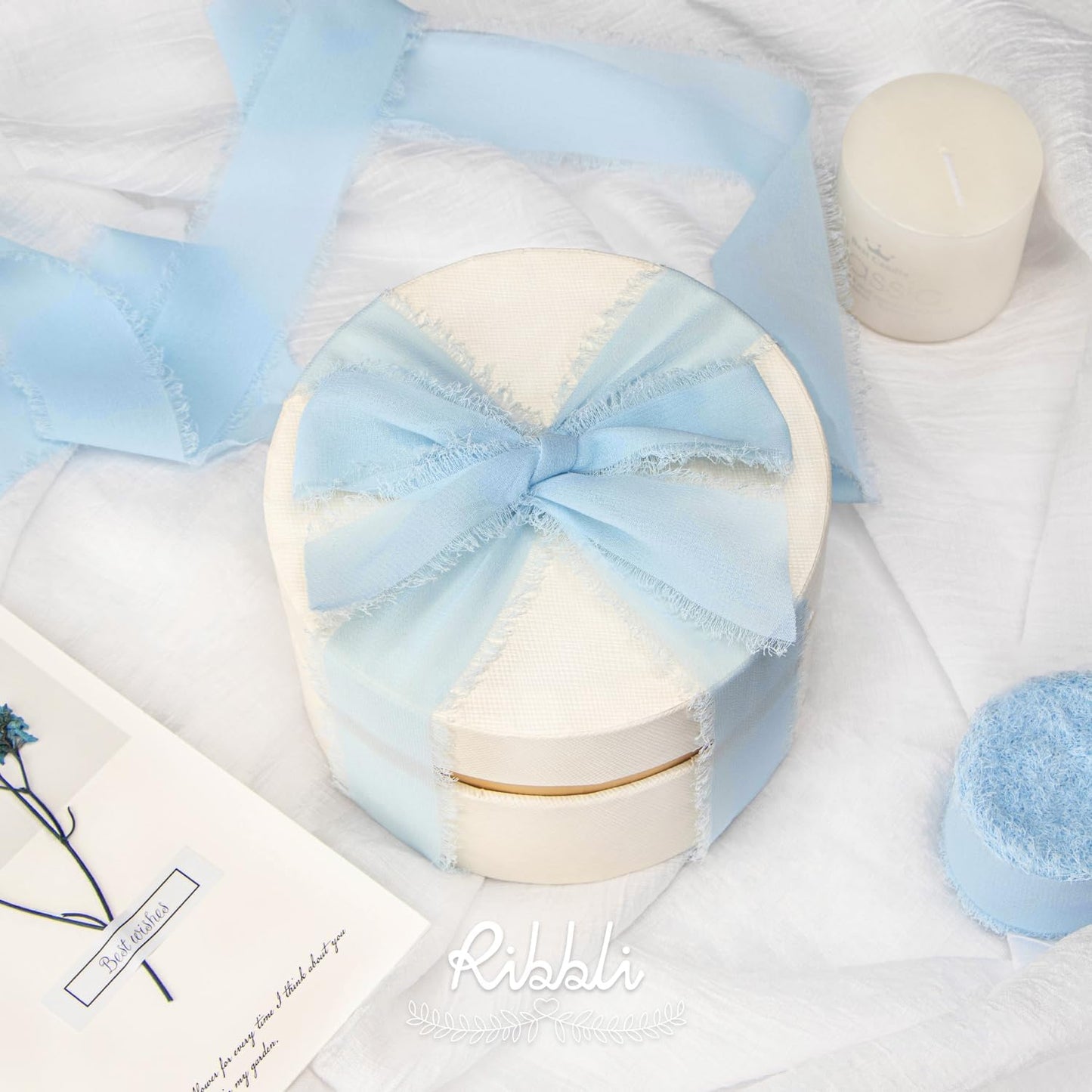 Ribbli Baby Blue Chiffon Ribbon 1-1/2 inch x 20 Yard Handmade Fringe Chiffon Silk Ribbon, Light Blue Ribbon for Wedding Invitations, Bridal Bouquets Wrapping, Flower Arrangement Decoration - Crafty Corner