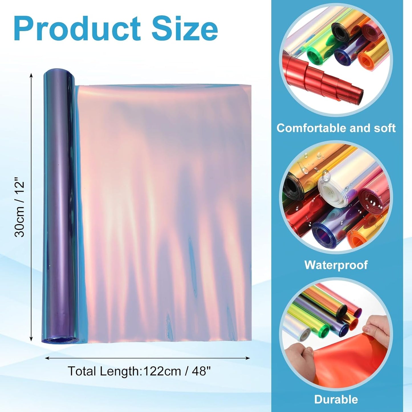 MECCANIXITY Holographic Clear PVC Vinyl Film Holographic PVC Fabric Waterproof Dichroic Film 12 x 48 Inch for Handbags Bows Earrings DIY Craft,Laser Blue