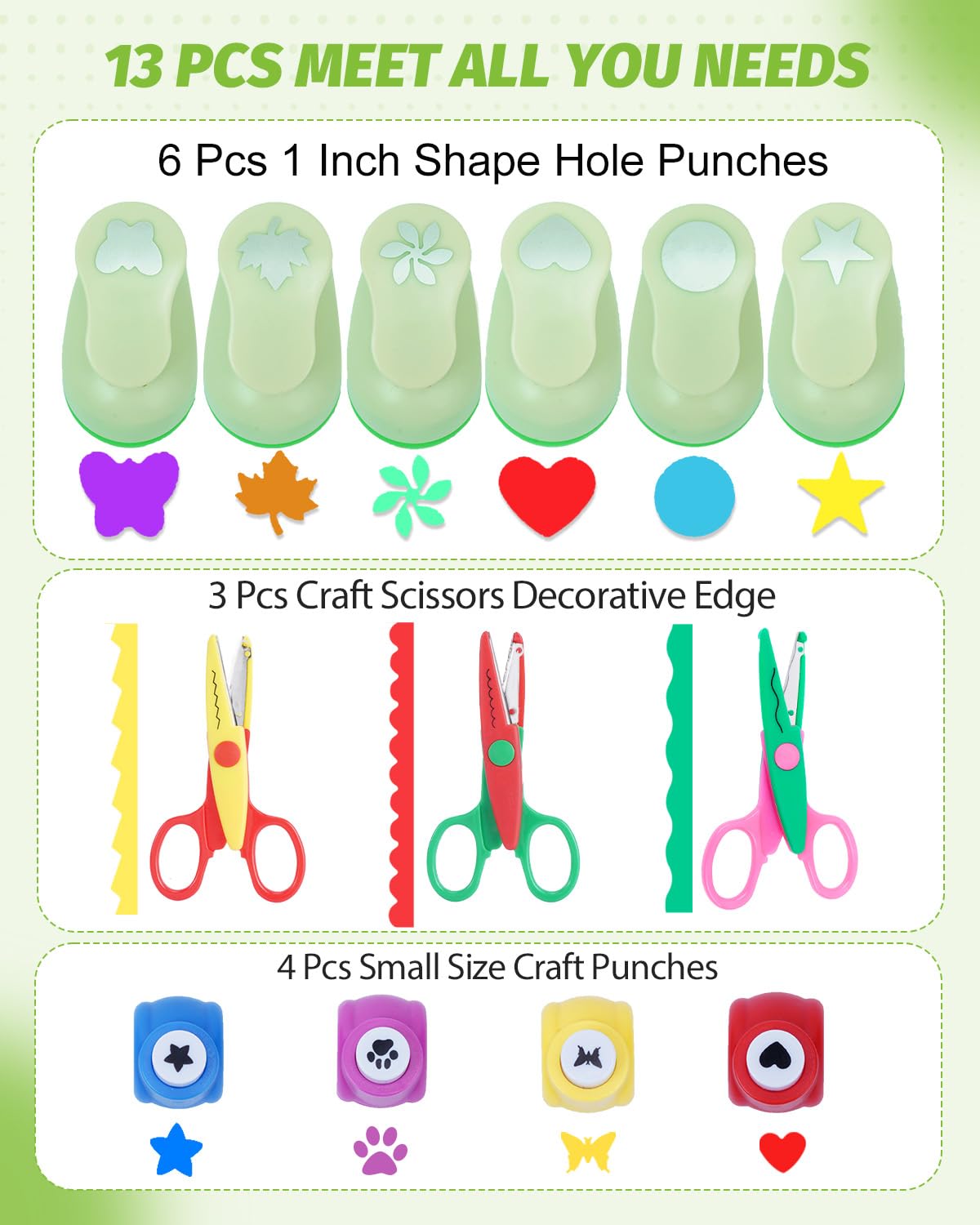 UCEC Paper Punches for Crafting, 3 Pcs Craft Scissors Decorative Edge, 6 Pcs 1 Inch Paper Puncher, 4 Pcs 3/8 inch Hole Punch, Circle Heart Star Shapes Puncher Scissors Sets - Crafty Corner