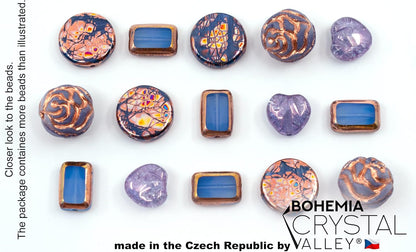 2.1oz (60g) of Glass Focal Bead Mix with Roses, Table-Cut and Cracked Czech Beads, PG Blue Copper Violet
