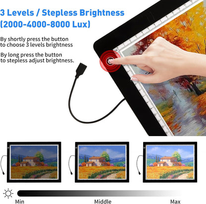 A3 Light Pad with Foldable Stand, UL Certified Adapter, 8000 Lux Super Bright Ultra Thin Pad for Cricut Weeding Vinyl, Artist Drawing Light Box/Board/Table for Tracing, Sketching - Black