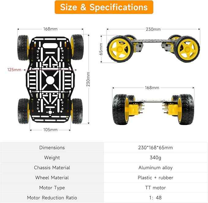 4WD Robot Car Chassis Kit for Arduino Raspberry Pi with Aluminum Alloy Chassis, TT Motor, 4 Wheels, Robot Car Platform for Robotics Projects, DIY Robot Chassis