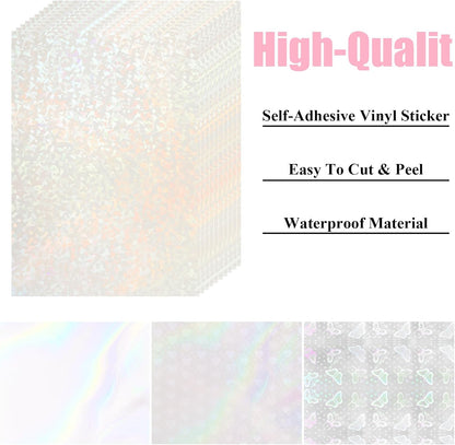 STARVAST 90 Sheets Holographic Sticker Paper, Transparent Holographic Vinyl Laminate Sheets, Self Adhesive A4 Size Printable Holographic Paper with Gem Rainbow Spot Star Patterns