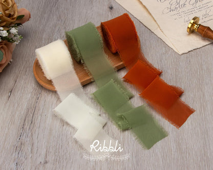 Ribbli Fall Ribbon 1.5 inch x 30 Yard Handmade Silk, Ivory/Dusty Sage/Terracotta Fringe Chiffon Ribbon for Wedding Invitations, Bridal Bouquets Wrapping, Flower Arrangement Decoration - Crafty Corner