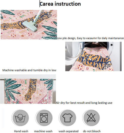 Washable Pink Rugs Boho Vintage Tropical Jungle 9x12 Area Rugs Tribal Oriental Carpet for Bedroom Kitchen Dining Living Room Office Distressed Indoor Cute Nursery Rug