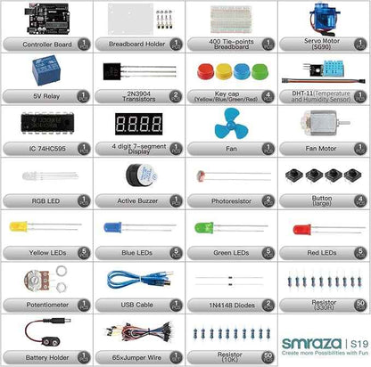 Smraza Ultimate Starter Kit with Tutorial, Breadboard Holder, Jumper Wires, Resistors, DC Motor Compatible with Arduino R3 Project Compatible with Mega 2560 Compatible with Nano