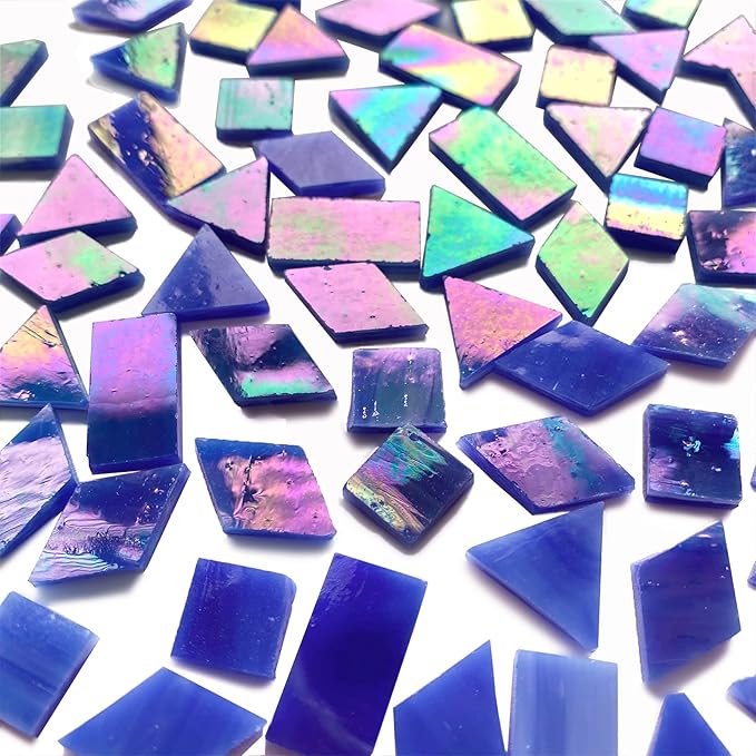 Magic Iridescent Blue Stained Glass Mosaic Tiles, 280 Pieces Mixed 4 Shapes Mosaic Glass Pieces for Crafts and Mosaic Making Projects