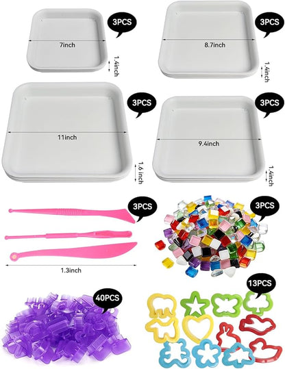 HAPPYER Stepping Stone Molds Kit 12PCS Square Concrete Molds Mosaic Tiles DIY Craft Kit for Kids Adults Garden Outdoor Cement Stone Mold Set with Letter Number Stamps Carving Tools No Concrete Mix
