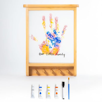 Family Handprint Kit & Key Holder – DIY Eco-Friendly Bamboo Keepsake Kit with Non-Toxic Paints, Personalized Baby Gifts for Family, New Parents & Grandparents, Unique Gift for Baby Showers