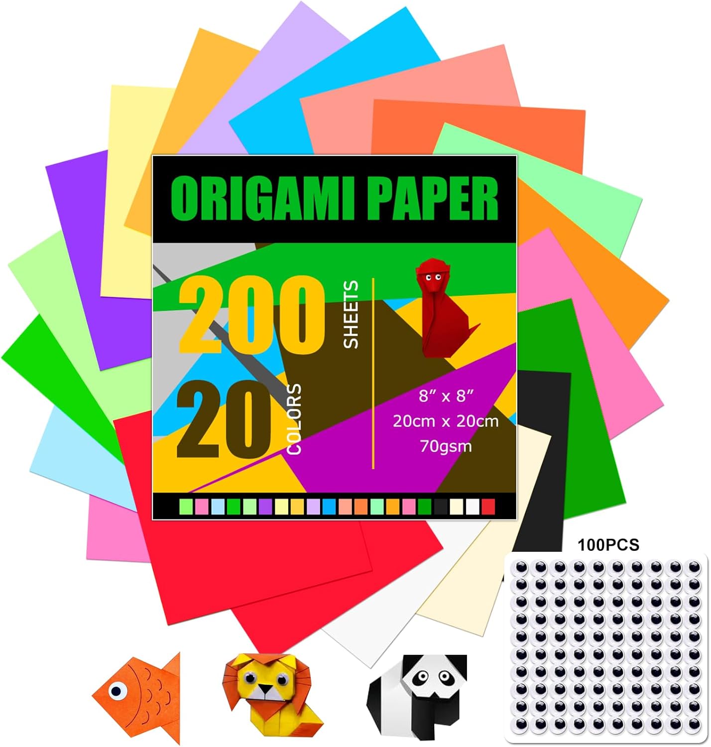 Origami Paper 300 Sheets, 20x20 cm/8 Inch Large Double Sided, 200 Sheets 20 Colors Origami Paper and 100pcs Self-adhesive Wiggle Eyes Sets for Kids DIY School Arts Crafts Adults - Crafty Corner