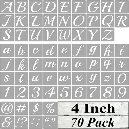 4 Inch Alphabet Letter Stencils for Painting - 70 Pack Letter and Number Stencil Templates with Signs for Painting on Wood, Reusable Cursive Letters Stencils for Chalkboard Wood Signs & Wall Art