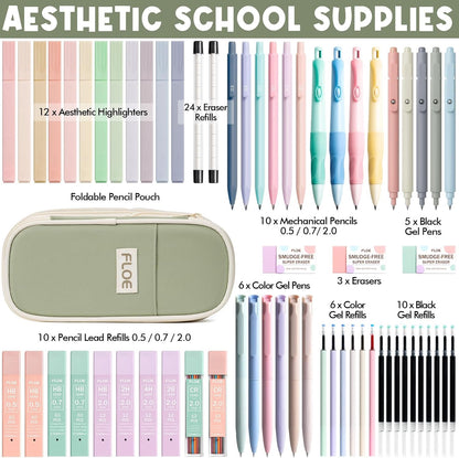 65PCS Aesthetic School Supplies with Cute Pencil Case, Pastel Highlighters Gel Pens Mechanical Pencils Set 0.5 0.7 & 2.0mm, Office Back to School Supplies College Essentials Kit Student Stationary Set