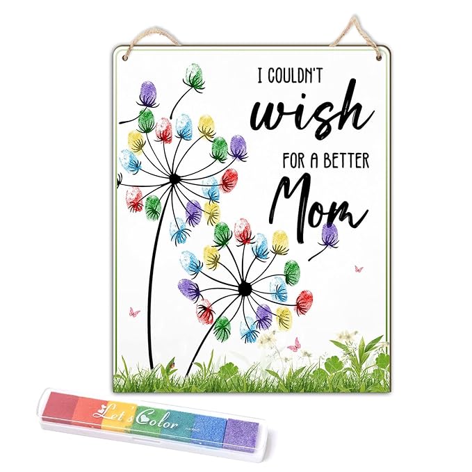 Dandelion DIY Fingerprint Art Hanging Sign, Mothers Day Fingerprints Craft, Baby's First Finger Print Mother's Day Gifts for Mom, Project Memory Keepsake Kids Activity PreK Preschool (Wish Mom)