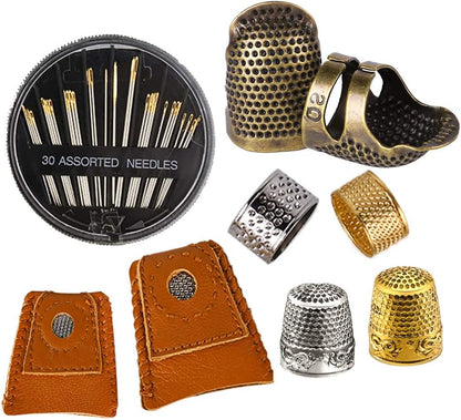 8 Pcs Thimble + 30 Pcs Sewing Needles, Finger Protector Fingertip Adjustable Metal Bronze Rings and Leather Coin Thimble for Needlework, Hand Embroidery Craft