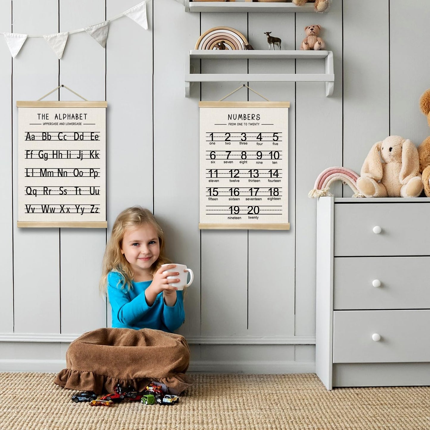 Alphabet and Numbers Wall Chart Set of 2 ,Kids Educational Posters,ABC and 1-20 Number Learning Banners for Toddlers, Preschool Classroom, Homeschool, Nursery, Playroom Decor 14 x 18.5 Inch (Black)