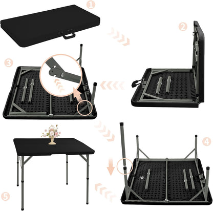 34" Square Folding Table,Multi-Functional Portable Folding Card Table with Carrying Handle for Indoor Outdoor Camping,Picnic, Office, Party Use, HDPE Plastic Tabletop with Metal Frame(Black)