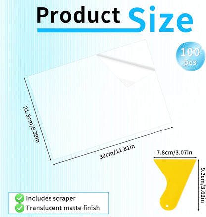 100 Pack Matte Self Adhesive Laminating Sheets, Clear Laminating Sheets Holographic Sticker Paper Clear Vinyl, Matte Finish Self Sealing Lamination Sheet, with Scraper, 8.38" x 11.8"