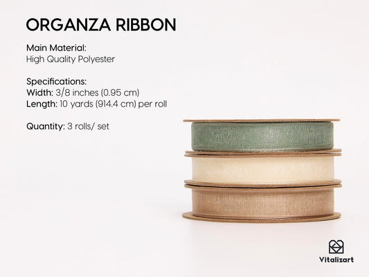 Vitalizart Organza Ribbon 3/8" x 30 Yd Cream White Rose Gold & Dusty Green Sheer Ribbons for Gift Wrapping Crafts Christmas Party Decor Bows Wedding Invitations Wreaths Bouquet - Crafty Corner