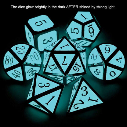 Haxtec Glow in The Dark Metal Dice Set D&D Glowing Blue Silver W/Dragon Dice Bag 7 Die D&D Dice Set Compatible with Dungeons and Dragons RPG
