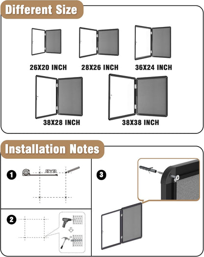 36"x24" Enclosed Bulletin Board, Lockable Weather-Resistant Aluminum Cork Noticeboard for School & Office, Black Frame w/Grey Flet