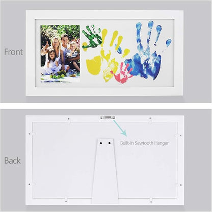 NWK DIY Family Photo + Family Hand/Footprints Kit with 10 X 17inch Elegant White Wood Picture Frame, Non-Toxic Watercolor Paints, Baby Shower Adoption Father's Day Gift for New Mom Dad (with Ink pad)