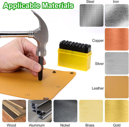HARFINGTON 36pcs Metal Stamping Kit 5/32" (4mm) (A-Z, 0-8, "&" Symbol) Steel Letter Punch Press Tool with Hole Punch to Stamp on Metal, Plastic, Wood, Leather, Black