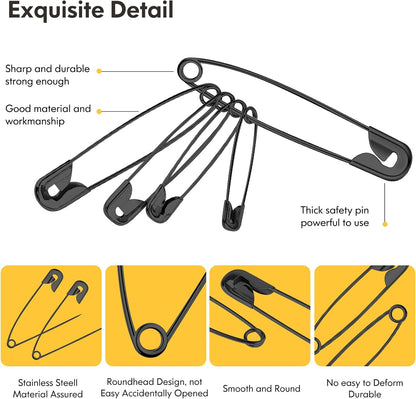Safety Pins Assorted, 340 Pack Small & Large Heavy Duty Safety Pins for Clothes Sewing, 5 Different Sizes Pin Bulk, Arts and Crafts Supplies, Black