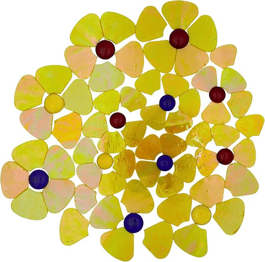 Yuvori Iridescent Flower Mosaic Tiles – 12pcs Mixed Sizes, 5-Petal Iridescent Mica Flowers with Center Beads for DIY Mosaic Art, Fairy Garden, Home Craft, Outdoor Decor (Iridescent Yellow)