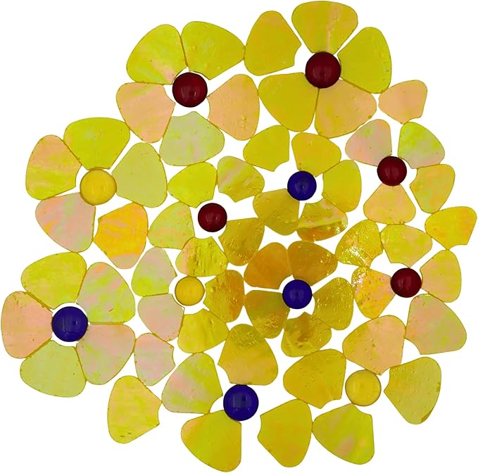 Yuvori Iridescent Flower Mosaic Tiles – 12pcs Mixed Sizes, 5-Petal Iridescent Mica Flowers with Center Beads for DIY Mosaic Art, Fairy Garden, Home Craft, Outdoor Decor (Iridescent Yellow)