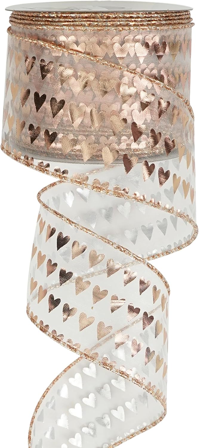MEEDEE Heart Wired Ribbon - 2.5 Inch Rose Gold & Pink Sheer Organza Ribbon, 25 Yards Roll, Perfect for Valentine Bows & Decor - Crafty Corner