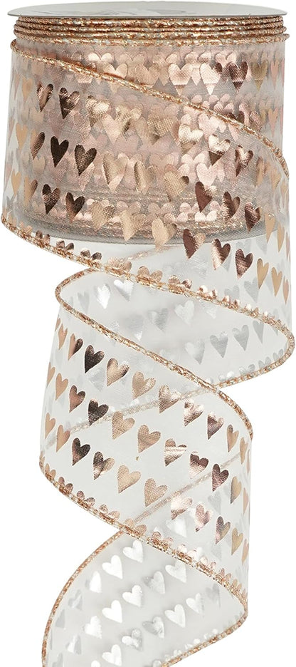MEEDEE Heart Wired Ribbon - 2.5 Inch Rose Gold & Pink Sheer Organza Ribbon, 25 Yards Roll, Perfect for Valentine Bows & Decor - Crafty Corner