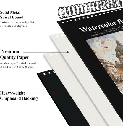 Watercolor Sketchbook 10"x12", 32 Sheets (64 Pages) Water Color Paper, 140lb/300gsm Watercolor Paper, Spiral Hardcover Watercolor Notebook for Painting, Water Color Sketch Books for Teens & Adults. - Crafty Corner