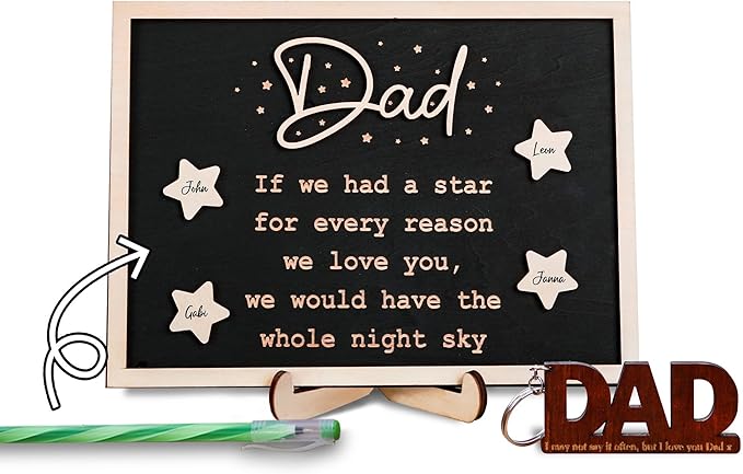 VinaTimes Personalized Star Dad and Kids Framed Sign Father's Day DIY Wooden Engraved Plaque Gifts From Daughter, Son,Wife DIY Family Names Gift for Papa Grandpa FR118-DAD