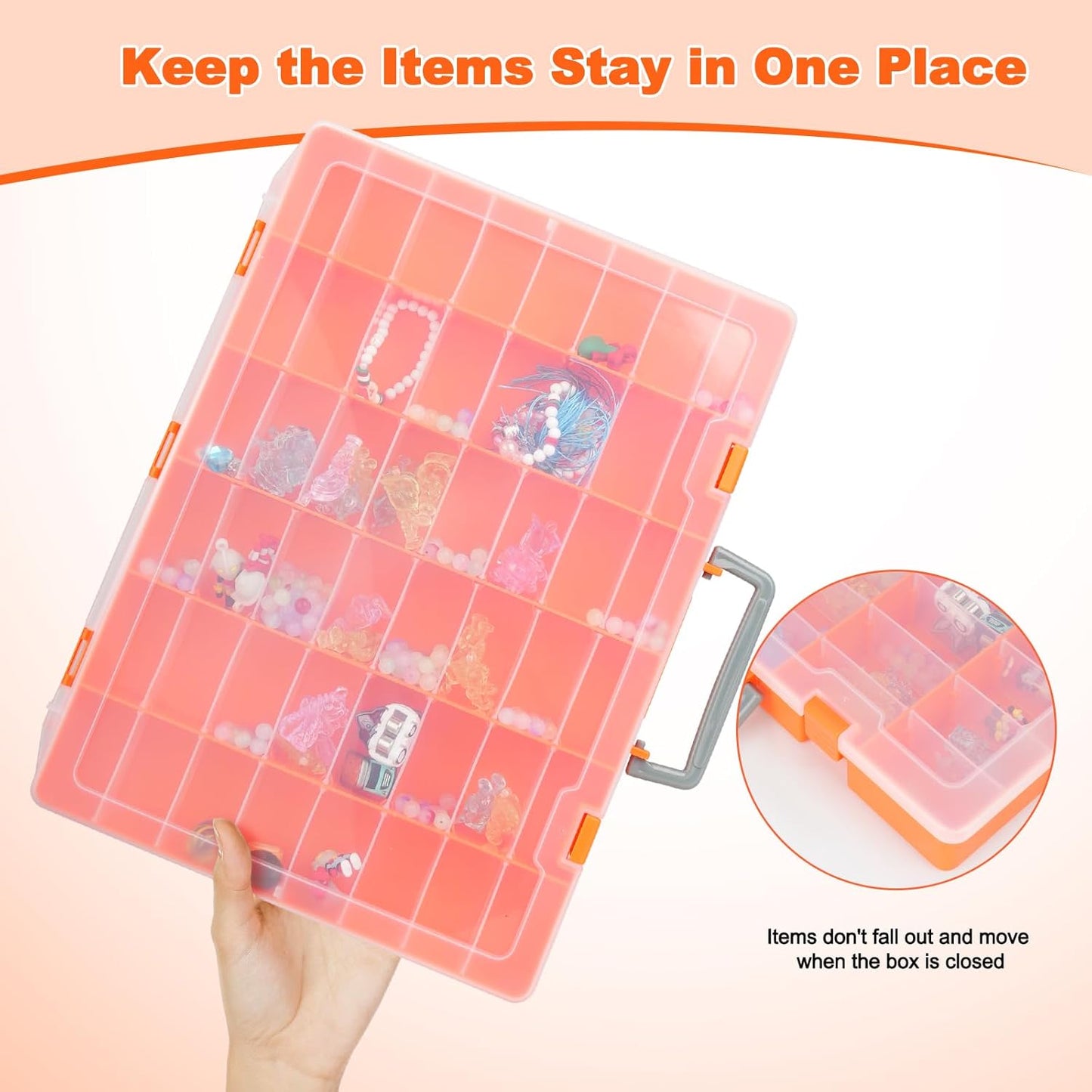 48 Grids Large Plastic Organizer Box with Adjustable Dividers, Beads Storage Containers Compartment Tackle Box Case for Crafts Hobby Small Parts Fishing Seeds Jewelry (Orange)
