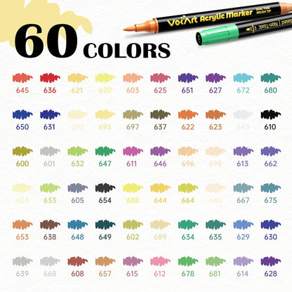 VOKART 60 Colors Acrylic Paint Markers - 30 Dual Brush Tip Paint Pens Including 2 Metallic Colors for Rock, Canvas, Fabric, Wood, Glass, Ceramic - Art Supplies for Artists, Kids, DIY & Holiday Decor