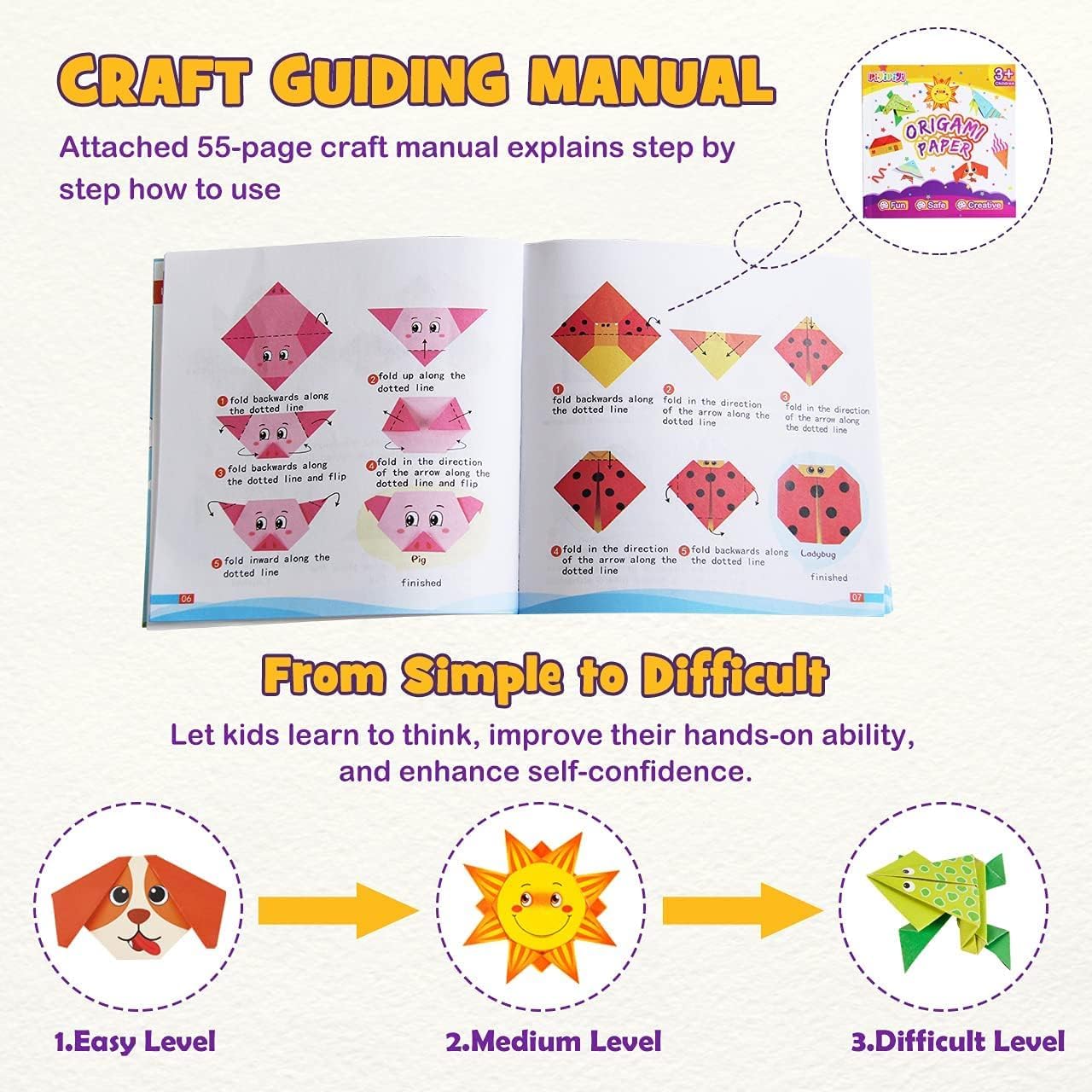 pigipigi Craft Origami Paper for Kids - 208 Sheets Vivid Colorful Folding Papers 54 Patterns Art Projects Kit for 5 6 7 8 9 10 11 12 Years Old Girl Boy Teen Birthday Gift Preschool Educational Toy - Crafty Corner