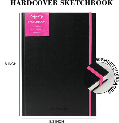 CuppaClip Sketch Book Hardcover Drawing Pad 300GSM Acid-Free Paper Spiral Bound Sketchbook 50 Sheets/100 Pages Art Supplies (Hardcover, 8.3x11.8in)