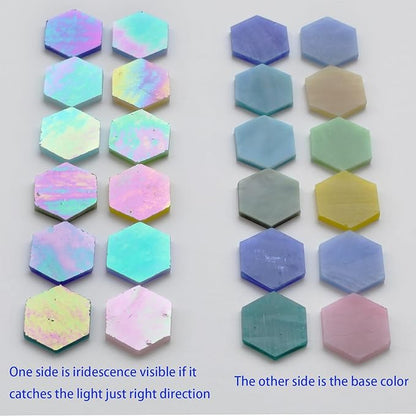 100 pcs Hexagon Iridescence Stained Glass Pieces Mosaics Tiles for Crafts Bulk, Hand Precut Mosaic for Bee Honeycombs, Mosaic Kits for Adults