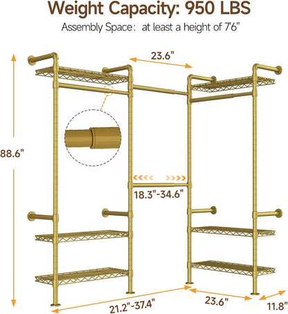 L3 Industrial Pipe Closet Organizer System, Wall Mounted Clothes Rack Clothing Racks with 4 Telescopic Rods & 6 Shelves , Heavy Duty Closet System in Wardrobe Closet (Gold)