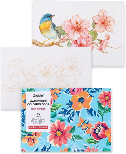 Grabie Watercolor Coloring Book, 15 Sheets Art Pad A5 (8.3 x 5.8), Cotton Watercolor Book for Adults(Floral) - Crafty Corner