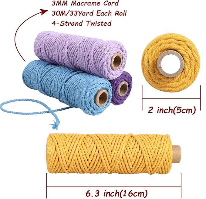 Macrame Cord 3mm x 594 Yards, 18 Rolls Natural Colored Macrame Cotton Cord Rope Kit Color Variety Macrame Jute Twine String 4 Strand Twisted for Wall Hanger Plant Hanging DIY Knitting Macrame Supplies
