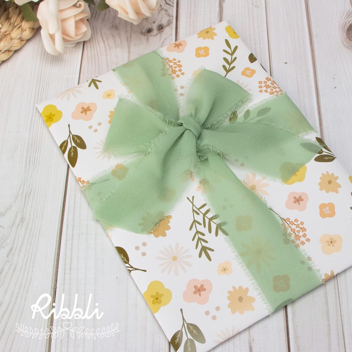 Ribbli Sage Green Chiffon Ribbon 1-1/2 inch x 30 Yard Handmade Fringe Chiffon Sage Silk, Sage for Wedding Invitations, Bridal Bouquets Wrapping, Flower Arrangement Decoration - Crafty Corner
